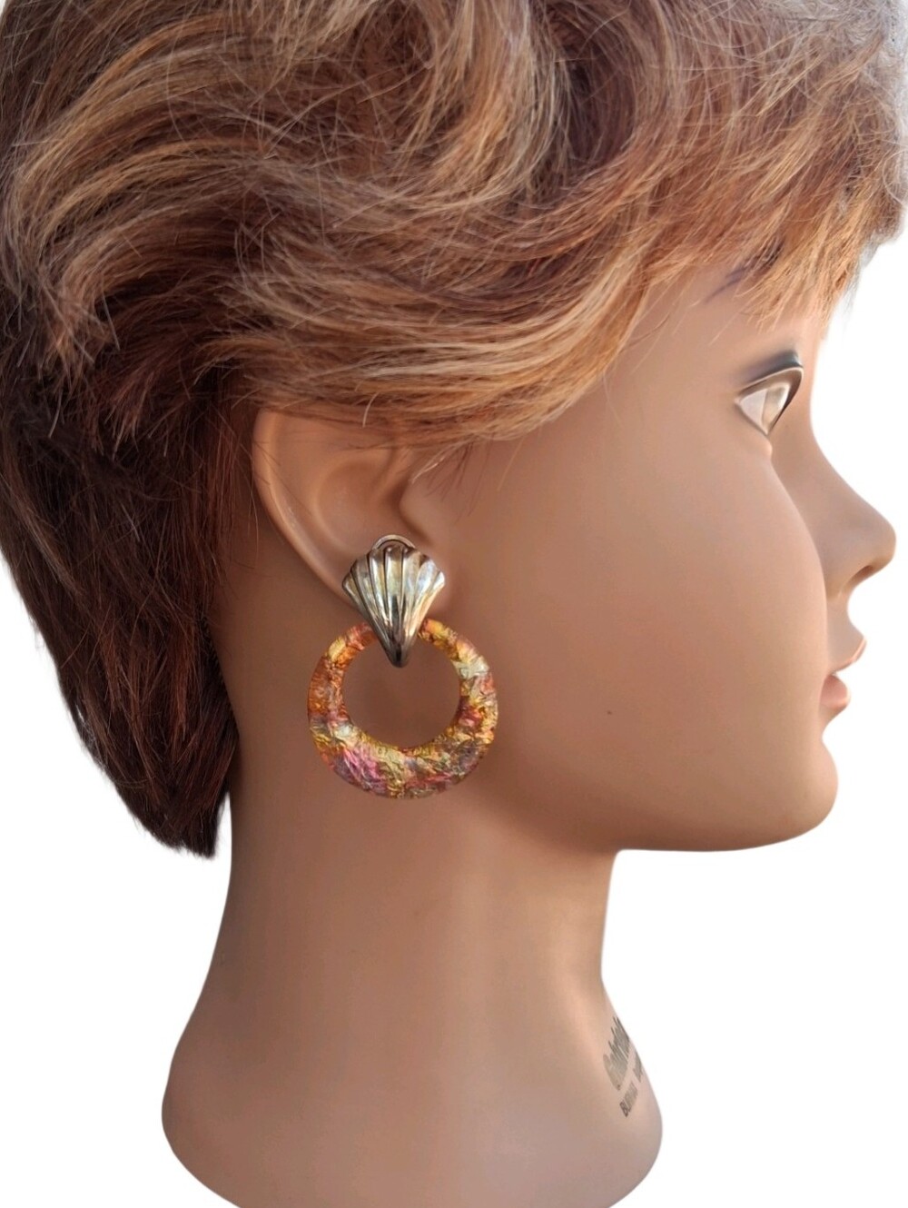 Vintage 80s Copper Scallop Shell Foil Lucite Door Knocker Earrings | Pierced